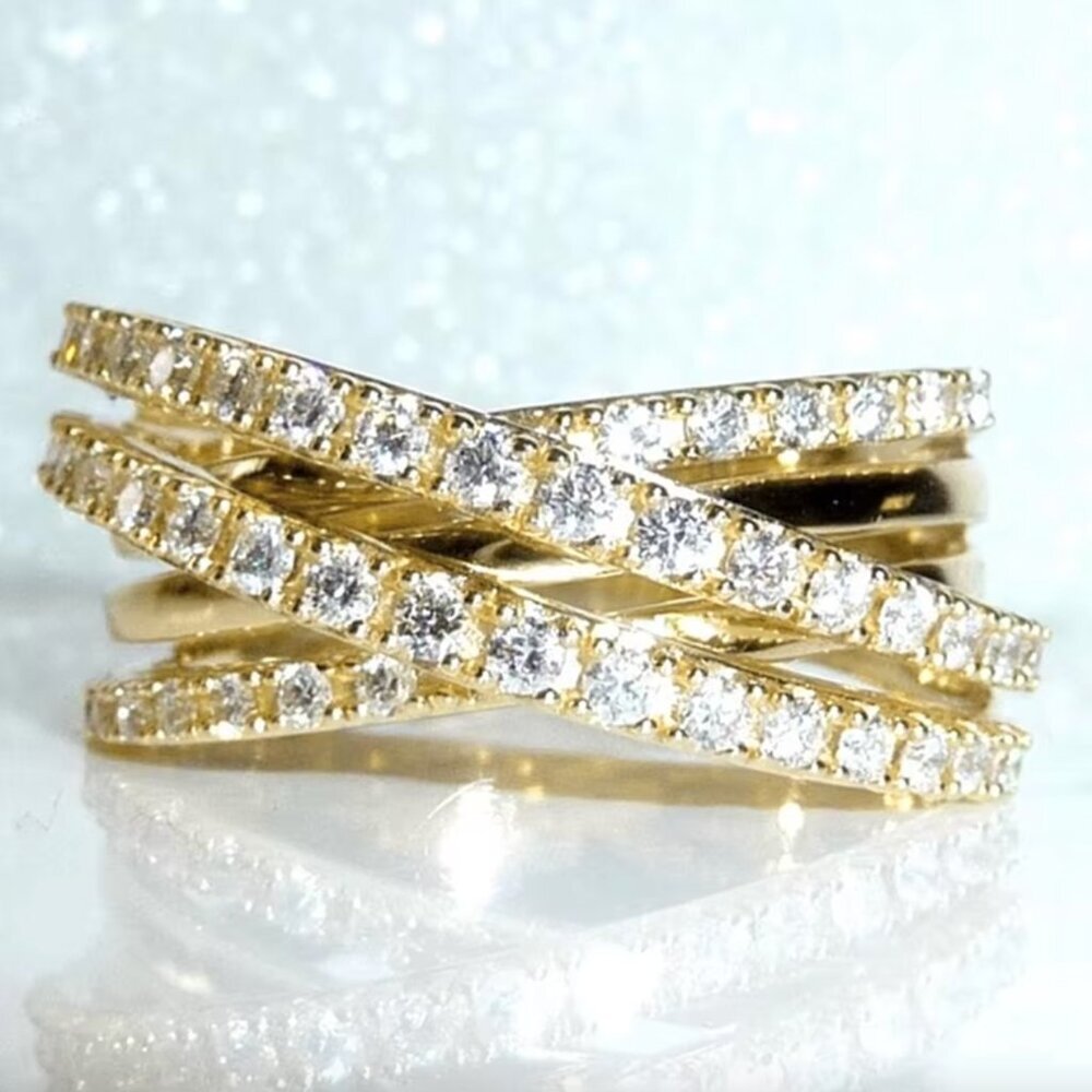 14k Yellow Gold Pave Diamond Ring Band Layer Criss Cross Ring